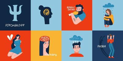 Mental health set. Characters with mental disorder fight against stress, depression, emotional burnout and other psychological problems. Psychotherapy metaphor concept. Vector flat illustration.