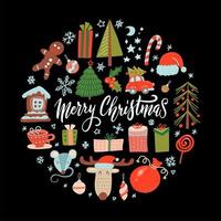 Big Collection of Winter Holidays Objects. Flat Design Vector Illustration. Set of Merry Christmas Colorful Items in circle concept.