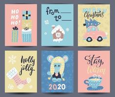 Set of 6 cute gift cards and hand drawn Christmas lettering. Can be used as poster with quote, T-shirt design or home decor element. Vector typography. Easy editable template.