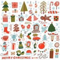 Big set of Christmas design element in doodle style. Collection of cute Christmas Characters and symbols. Mouse, Snowman, Reindeer, toys and friends. Vector illustration