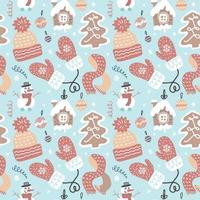Winter fun seamless pattern. Traditional decorative Christmas elements. Flat doodle vector illustration.