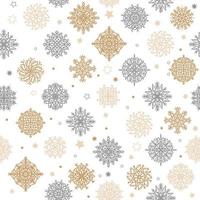 copos de nieve dorados y plateados y estrellas sin costuras sobre un fondo blanco. ilustración vectorial