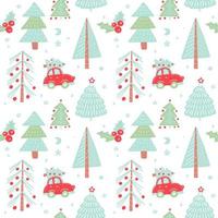 Hand drawn Christmas seamless pattern with christmas trees. Cute red retro car in Winter fir forest. Holiday background. Vector doodle illustration.