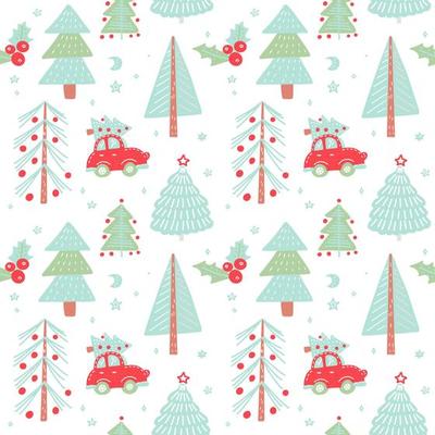 Hand drawn Christmas seamless pattern with christmas trees. Cute red retro car in Winter fir forest. Holiday background. Vector doodle illustration.