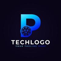 logotipo de la letra p de tecnología. forma geométrica azul con círculo de puntos conectado como vector de logotipo de red. utilizable para logotipos de negocios y tecnología.