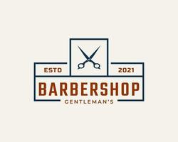 Vintage Emblem Badge Barber Shop Logo with Scissors Symbol for Gentleman Haircut in Retro Style Vector Illustration