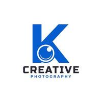 Letter K with Camera Lens Logo Design. Creative Letter Mark Suitable for Company Brand Identity, Entertainment, Photography, Business Logo Template vector