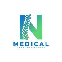 letra n con el logotipo de la columna vertebral del icono. utilizable para logotipos comerciales, científicos, sanitarios, médicos, hospitalarios y naturales. vector