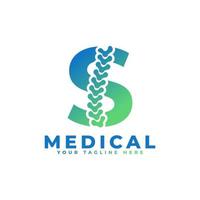 letra s con el logotipo de la columna vertebral del icono. utilizable para logotipos comerciales, científicos, sanitarios, médicos, hospitalarios y naturales. vector