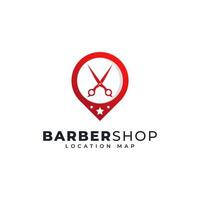 diseño de plantilla de logotipo de ubicación de barbería. pin de mapa combinado con ilustración de vector de icono de tijeras