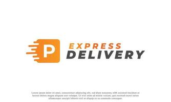 Creative Initial Letter P Logo. Orange Shape P Letter with Fast Shipping Delivery Truck Icon. Usable for Business and Branding Logos. Flat Vector Logo Design Ideas Template Element