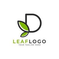 Creative Initial Letter D Logo. Black Shape Linear Style Linked with Green Leaf Symbol. Usable for Business, Healthcare, Nature and Farm Logos. Flat Vector Logo Design Ideas Template Element. Eps10