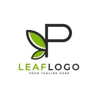 logotipo inicial creativo de la letra p. estilo lineal de forma negra vinculado con el símbolo de hoja verde. utilizable para logotipos de negocios, salud, naturaleza y granjas. elemento de plantilla de ideas de diseño de logotipo de vector plano. eps10