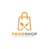 diseño del logotipo de la tienda de alimentos. bolsa de compras combinada con ilustración de vector de icono de cuchara y tenedor