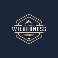 Vintage Emblem Badge Wilderness Mountain Adventure Logo with Bonfire Symbol for Outdoor Camp in Retro Style Vector Illustration