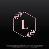 Elegant L Letter Hexagon Floral Logo with Creative Elegant Leaf Monogram Branch Line and Pink Black Color. Usable for Business, Fashion, Cosmetics, Spa, Science, Medical and Nature Logos. vector