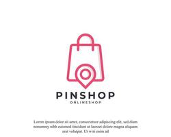 pin point shop y diseño de logotipo de compras. forma geométrica con elemento de estilo lineal vector