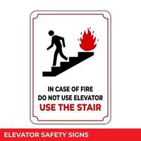 en caso de incendio, use las escaleras, no use el letrero de los ascensores con un mensaje de advertencia para áreas industriales, fácil de usar y plantillas de diseño de impresión vector