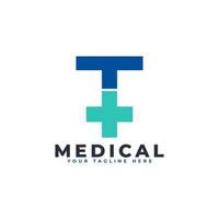 letra t cruz más logo. utilizable para logotipos comerciales, científicos, sanitarios, médicos, hospitalarios y naturales. vector