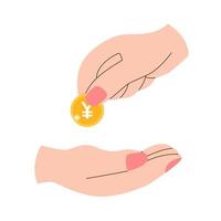 Hand passes coin yuan to the other hand vector