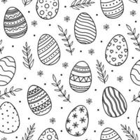 patrón transparente dibujado a mano con huevos de pascua. feliz plantilla de pascua con huevos, flores y hojas. estilo de dibujo de fideos. ilustración vectorial dibujada a mano.