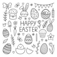 Hand drawn set of Happy easter doodle. Easter bunny, chick, eggs, branches, tulips in sketch style. Design for card template, holiday decorations.Vector illustration isolated on white background. vector