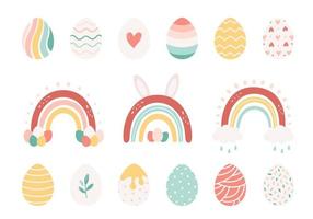 Cute Easter set with painted eggs and Easter rainbows. Happy Easter. Hand drawn vector