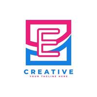 logotipo de la letra e de la corporación con diseño cuadrado y swoosh y elemento de plantilla de vector de color rosa azul