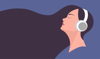 Girl wearing wireless headphones listening to music, with free space for text, vector illustration.