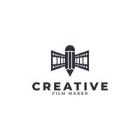 Creative Cinema Movie Logo. Pencil Combined with Reel Stripes Filmstrip Icon Vector Illustration