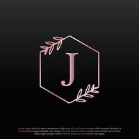 Elegant J Letter Hexagon Floral Logo with Creative Elegant Leaf Monogram Branch Line and Pink Black Color. Usable for Business, Fashion, Cosmetics, Spa, Science, Medical and Nature Logos. vector