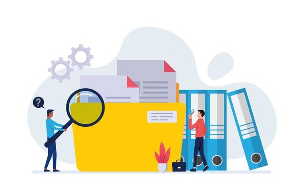 Workers searching file. employee uses magnifying glass. File binders, yellow folder with documents. File manager, data storage and indexing. Files search.
