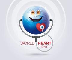 World heart day illustration concept, Smiling happy globe world with Stethoscope Sign vector