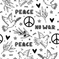 Peace symbol seamless vector pattern. Hand drawn illustration isolated on white background. Pacifism sign - flying dove, olive branch, laurel, heart. No war, concept of love, friendship, hope