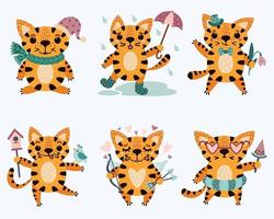 Collection of red cartoon striped tigers. Cute animals in different poses with funny and sad emotions. Predators in different places. Vector icons isolated on white. Flat style. Symbol of 2022.