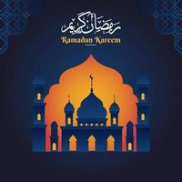Ramadan Kareem with Mosque on Flat Background Vector Illustration for Religious Holiday Eid Festival Banner or Poster