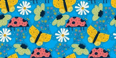 Scandinavian spring seamless pattern with butterfly, ladybug and daisy on blue background. Yellow and red insect with wings, flowers. Seamless colorful pattern for baby textile. vector