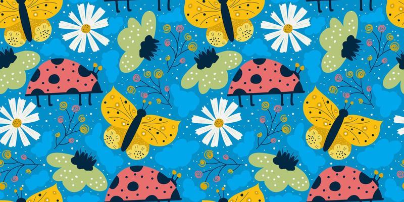 Scandinavian spring seamless pattern with butterfly, ladybug and daisy on blue background. Yellow and red insect with wings, flowers. Seamless colorful pattern for baby textile.
