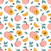 Vector Seamless Pattern with Peaches. Half, Slice and Whole Juicy Fruits Background. Hand Drawn sweet nectarine ornament for  wrapping paper, fabric, texture, menu, food package and interior design