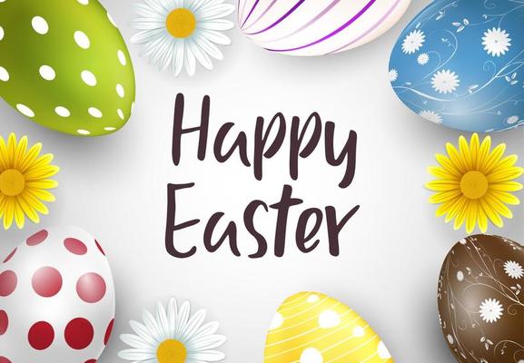 Happy easter background with flowers and colorful easter eggs