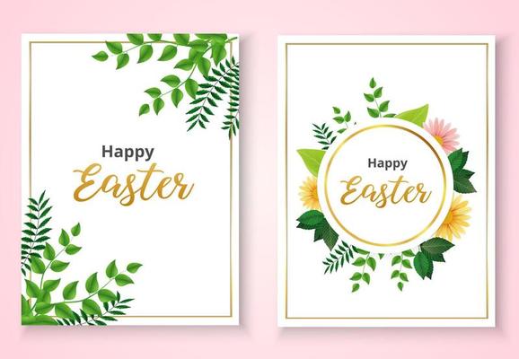 Happy Easter invitation card template with flowers and green leaves