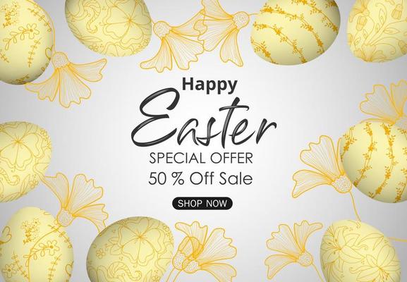 Easter sale banner background template with eggs and leaves