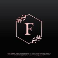 Elegant F Letter Hexagon Floral Logo with Creative Elegant Leaf Monogram Branch Line and Pink Black Color. Usable for Business, Fashion, Cosmetics, Spa, Science, Medical and Nature Logos. vector