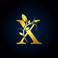 Elegant X Luxury Logo. Golden Floral Alphabet Logo with Flowers Leaves. Perfect for Fashion, Jewelry, Beauty Salon, Cosmetics, Spa, Boutique, Wedding, Letter Stamp, Hotel and Restaurant Logo. vector
