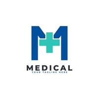 Letter M cross plus logo. Usable for Business, Science, Healthcare, Medical, Hospital and Nature Logos. vector