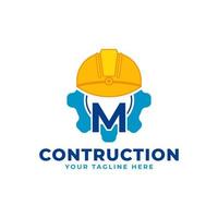 Initial Letter M with Gear and Helmet. Construction and Engineering Logo Concept vector