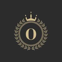 Initial Letter O Heraldic Royal Frame with Crown and Laurel Wreath. Simple Classic Emblem. Round Composition. Graphics Style. Art Elements for Logo Design Vector Illustration
