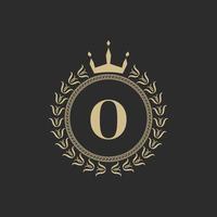 Initial Letter O Heraldic Royal Frame with Crown and Laurel Wreath. Simple Classic Emblem. Round Composition. Graphics Style. Art Elements for Logo Design Vector Illustration