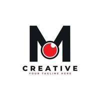Abstract Eye Logo Letter M. Black Shape M Initial Letter with Red Eyeball inside. Use for Business and Technology Logos. Flat Vector Logo Design Ideas Template Element
