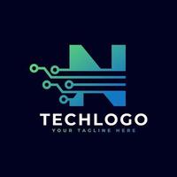 logotipo de la letra n de tecnología. plantilla de logotipo vectorial futurista con color degradado verde y azul. forma geometrica. utilizable para logotipos de negocios y tecnología. vector